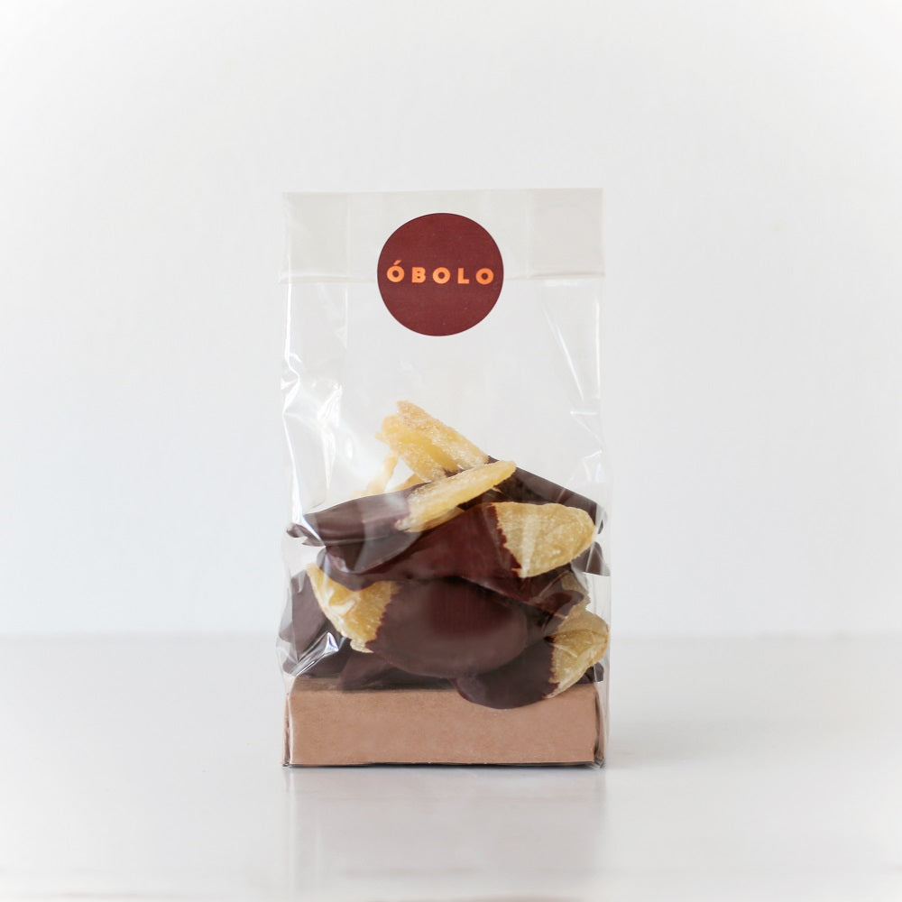 Jengibre confitado bañado en chocolate negro envase compostable 150 gr