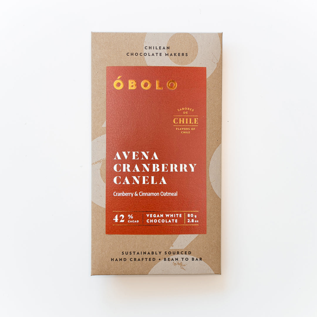 BARRA DE CHOCOLATE BLANCO VEGANO 42% CACAO CON AVENA CRANBERRY Y CANELA - ENVASE RECICLABLE