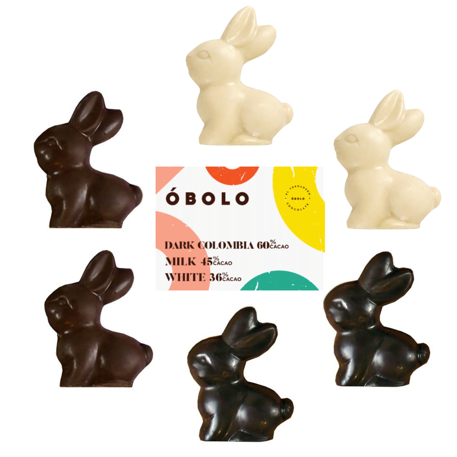 Variedad de conejitos de pascua, sabor Dark colombia, Milk & White